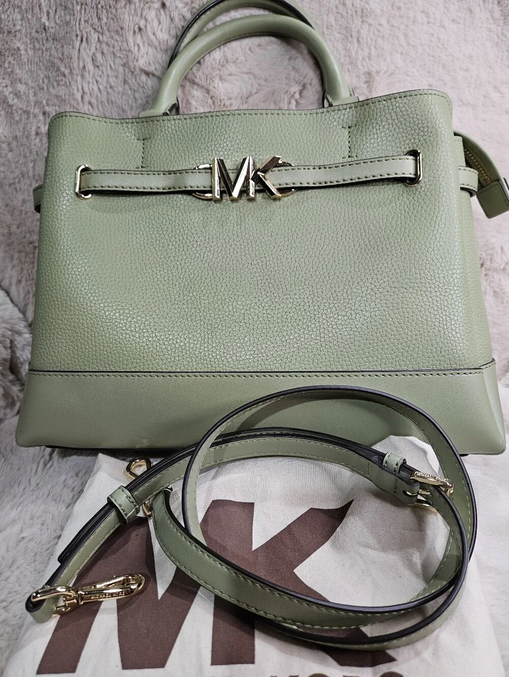 2023 Michael Kors Olive/Sage Reed Large Pebble Leather Belted Satchel